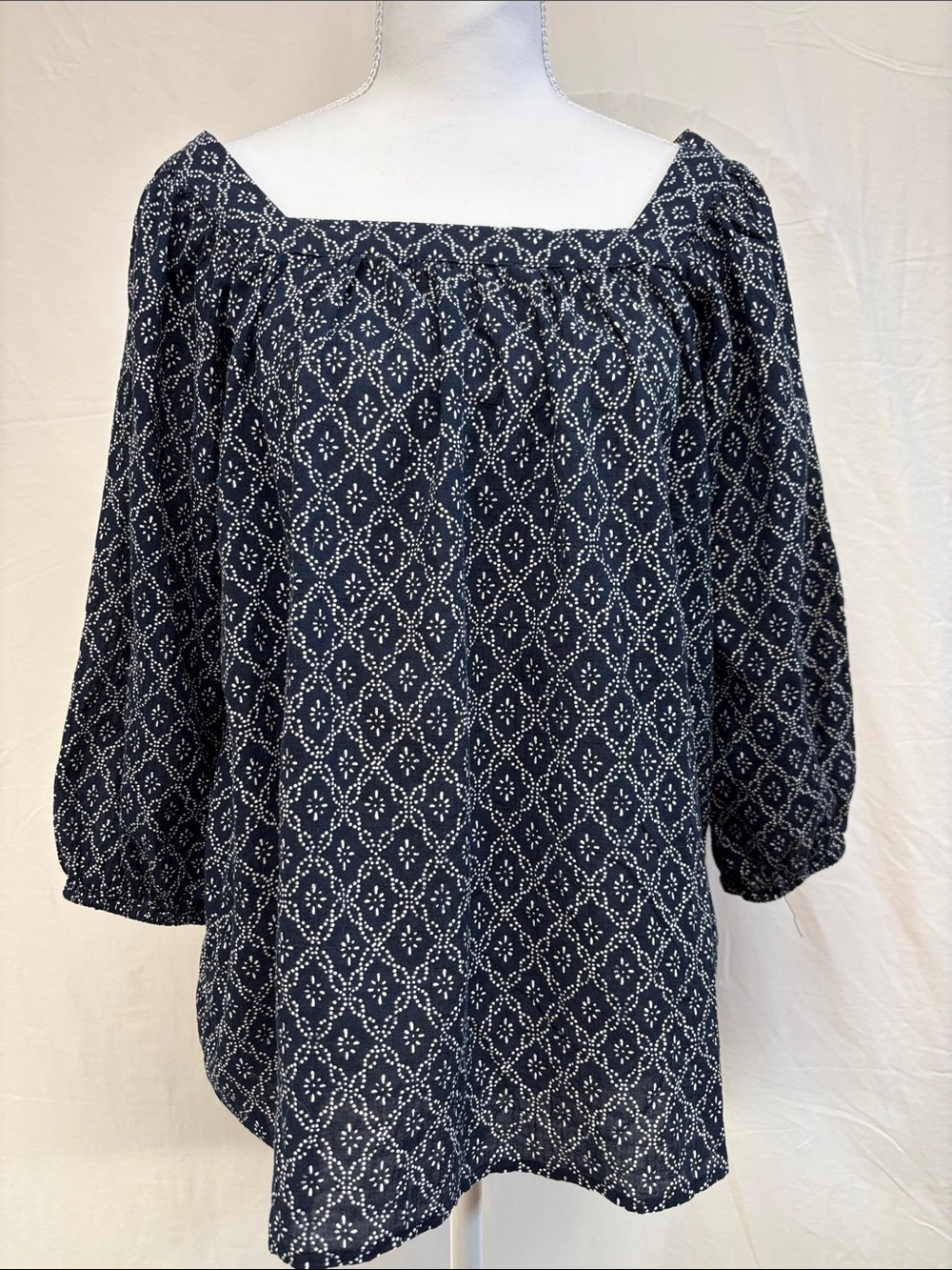 Chaps Navy Blue Printed Square-Neck Peasant Blouse